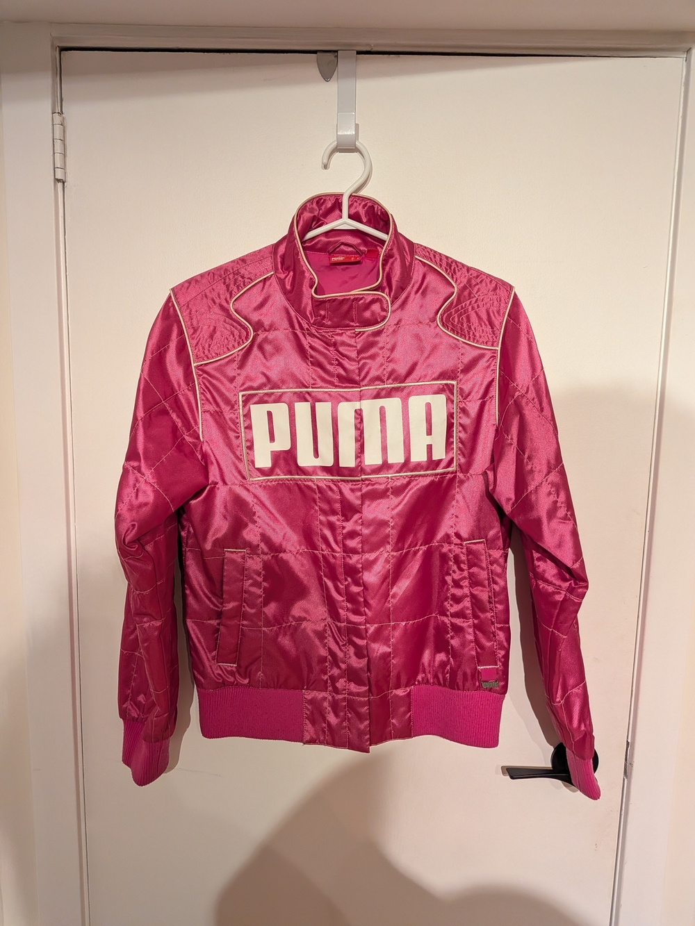 Puma Hot Pink Satin Bomber Jacket with White Logo
